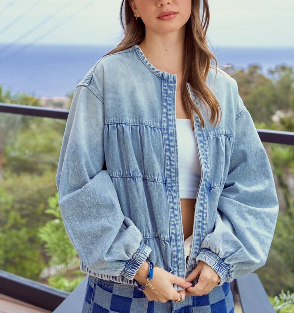 imagechouyatou Womens 2025 Fall Boyfriend Floral Denim Jacket Spring Y2K Casual Oversized Jean Bomber JacketBlue