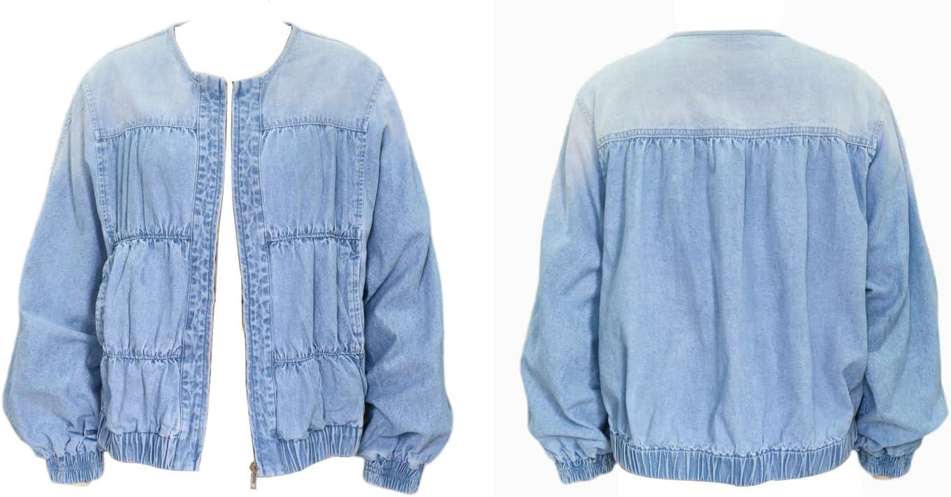 imagechouyatou Womens 2025 Fall Boyfriend Floral Denim Jacket Spring Y2K Casual Oversized Jean Bomber JacketBlue