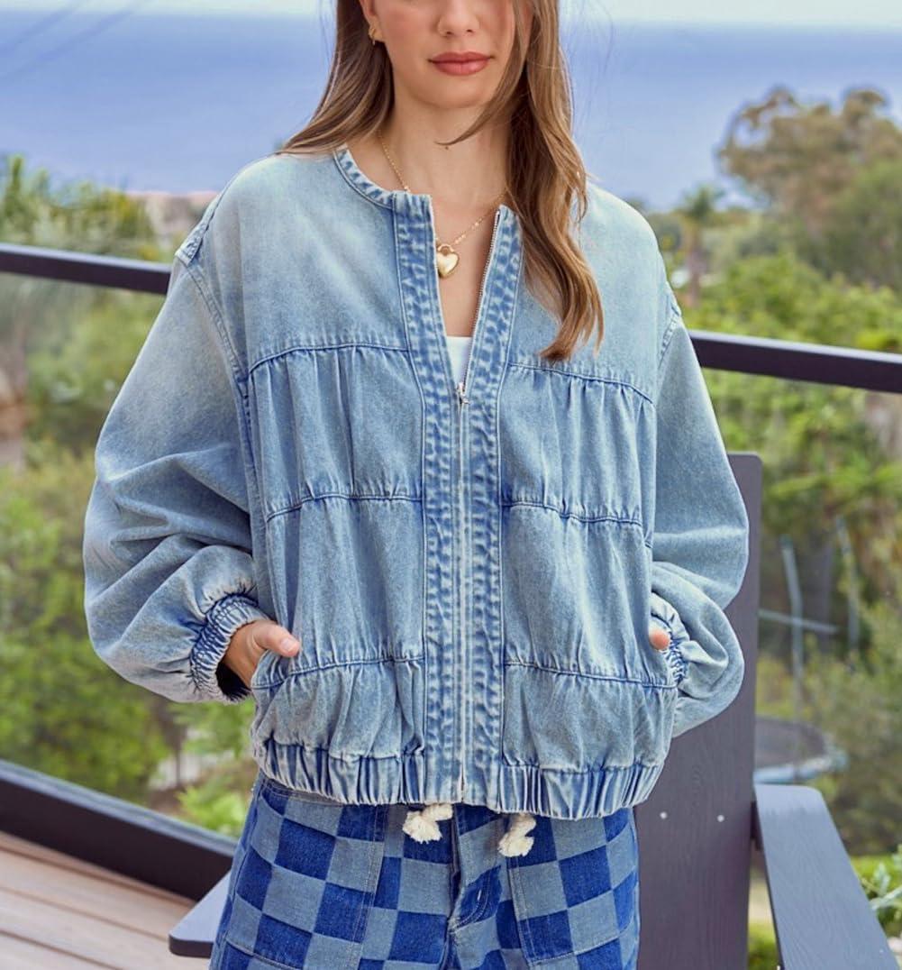 imagechouyatou Womens 2025 Fall Boyfriend Floral Denim Jacket Spring Y2K Casual Oversized Jean Bomber JacketBlue