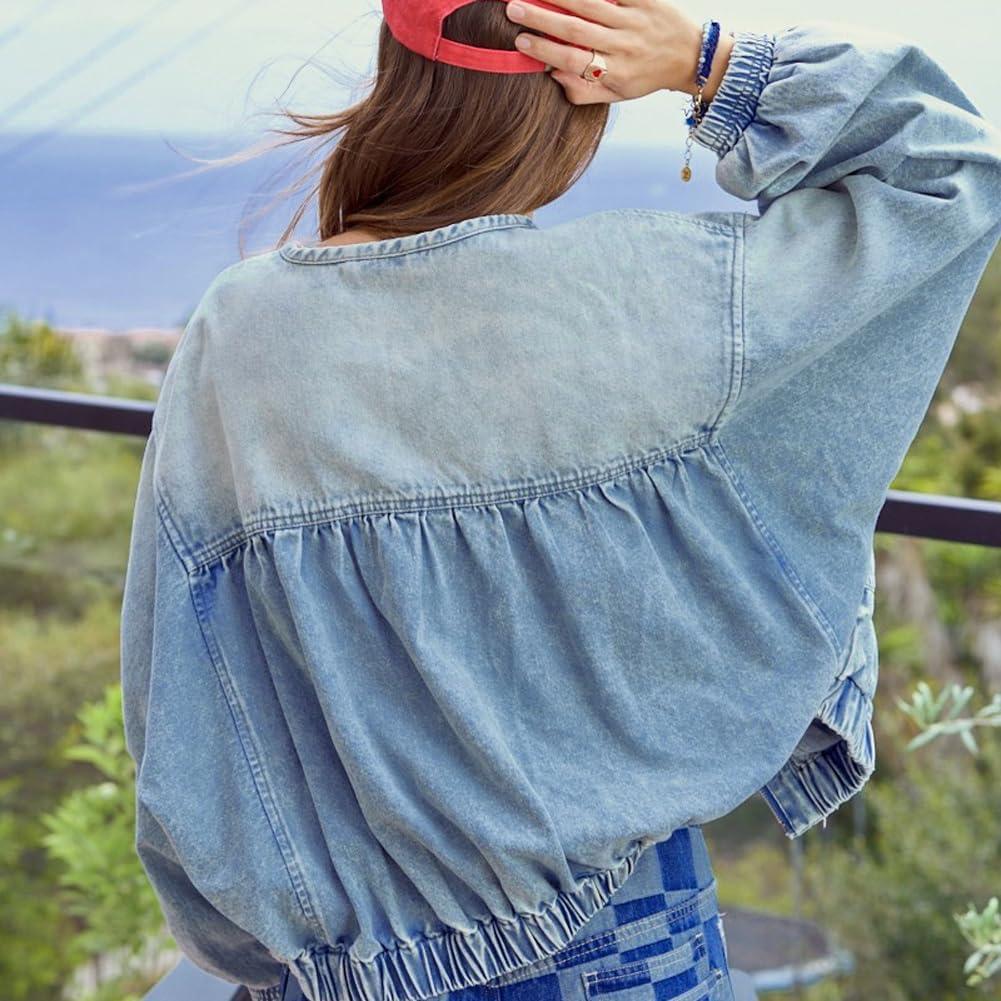 imagechouyatou Womens 2025 Fall Boyfriend Floral Denim Jacket Spring Y2K Casual Oversized Jean Bomber JacketBlue