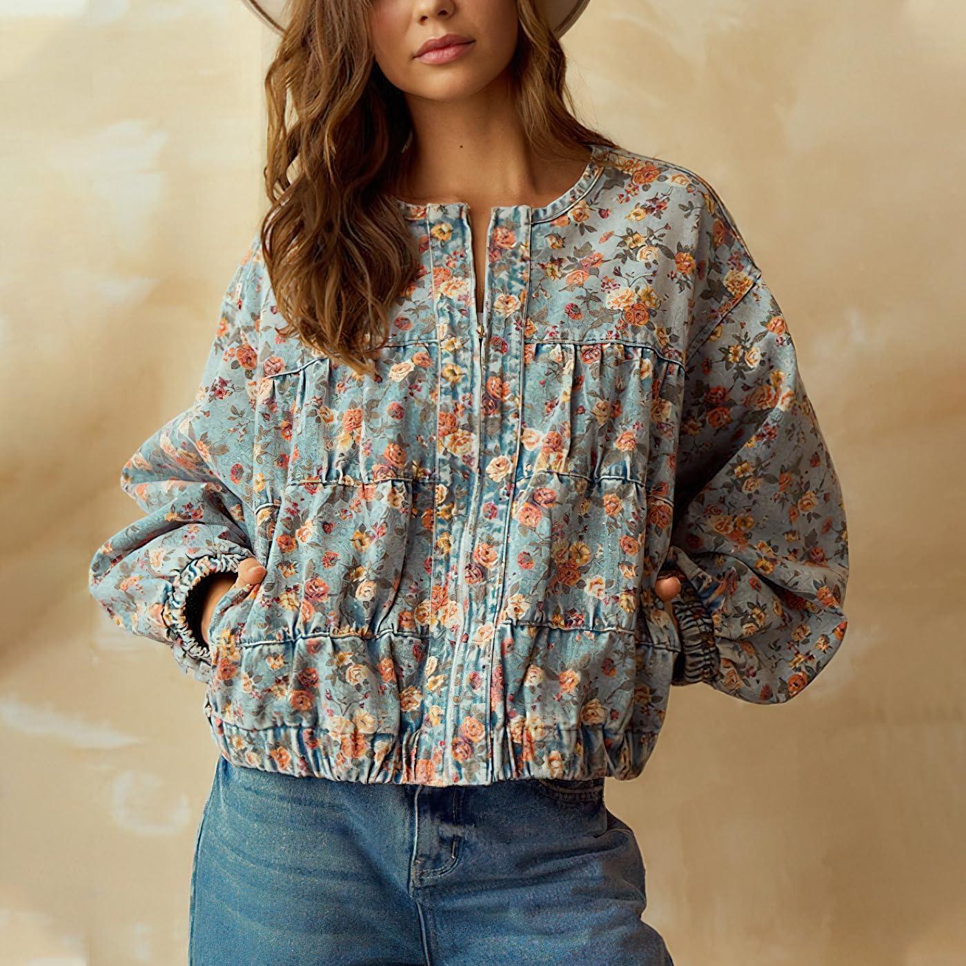 imagechouyatou Womens 2025 Fall Boyfriend Floral Denim Jacket Spring Y2K Casual Oversized Jean Bomber JacketFloral Blue
