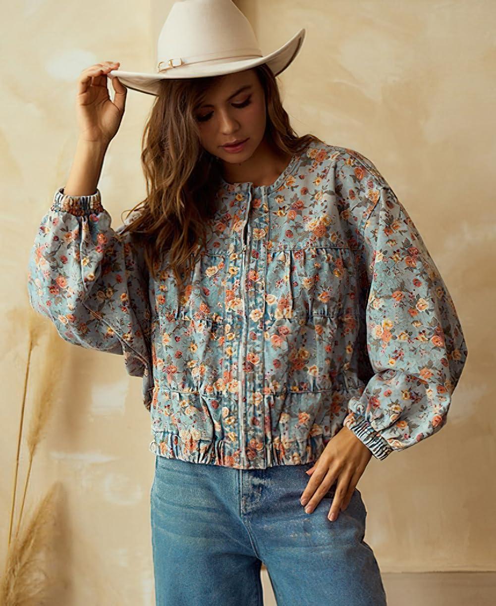 imagechouyatou Womens 2025 Fall Boyfriend Floral Denim Jacket Spring Y2K Casual Oversized Jean Bomber JacketFloral Blue