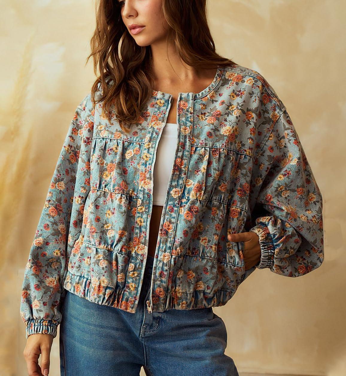 imagechouyatou Womens 2025 Fall Boyfriend Floral Denim Jacket Spring Y2K Casual Oversized Jean Bomber JacketFloral Blue