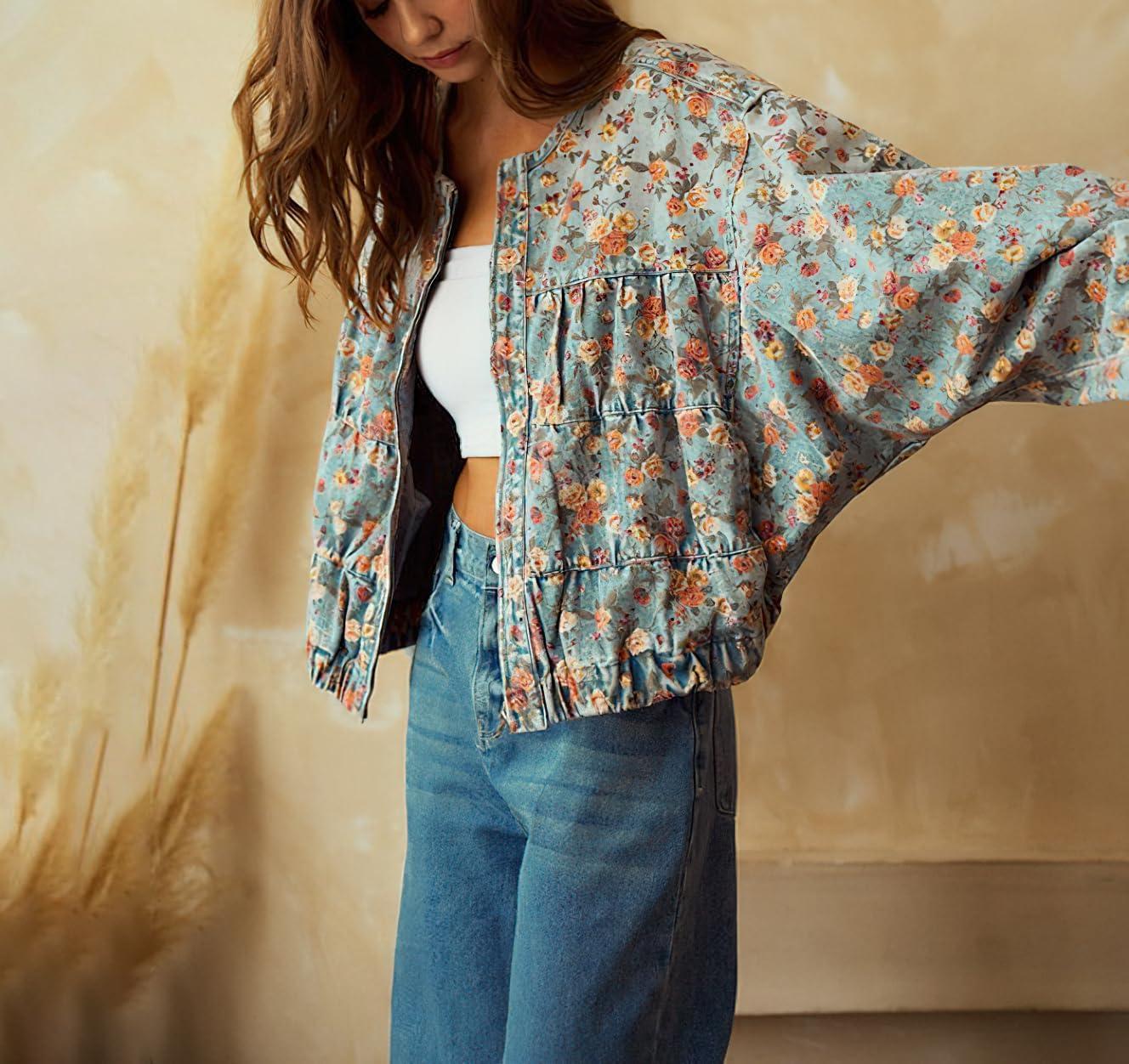 imagechouyatou Womens 2025 Fall Boyfriend Floral Denim Jacket Spring Y2K Casual Oversized Jean Bomber JacketFloral Blue