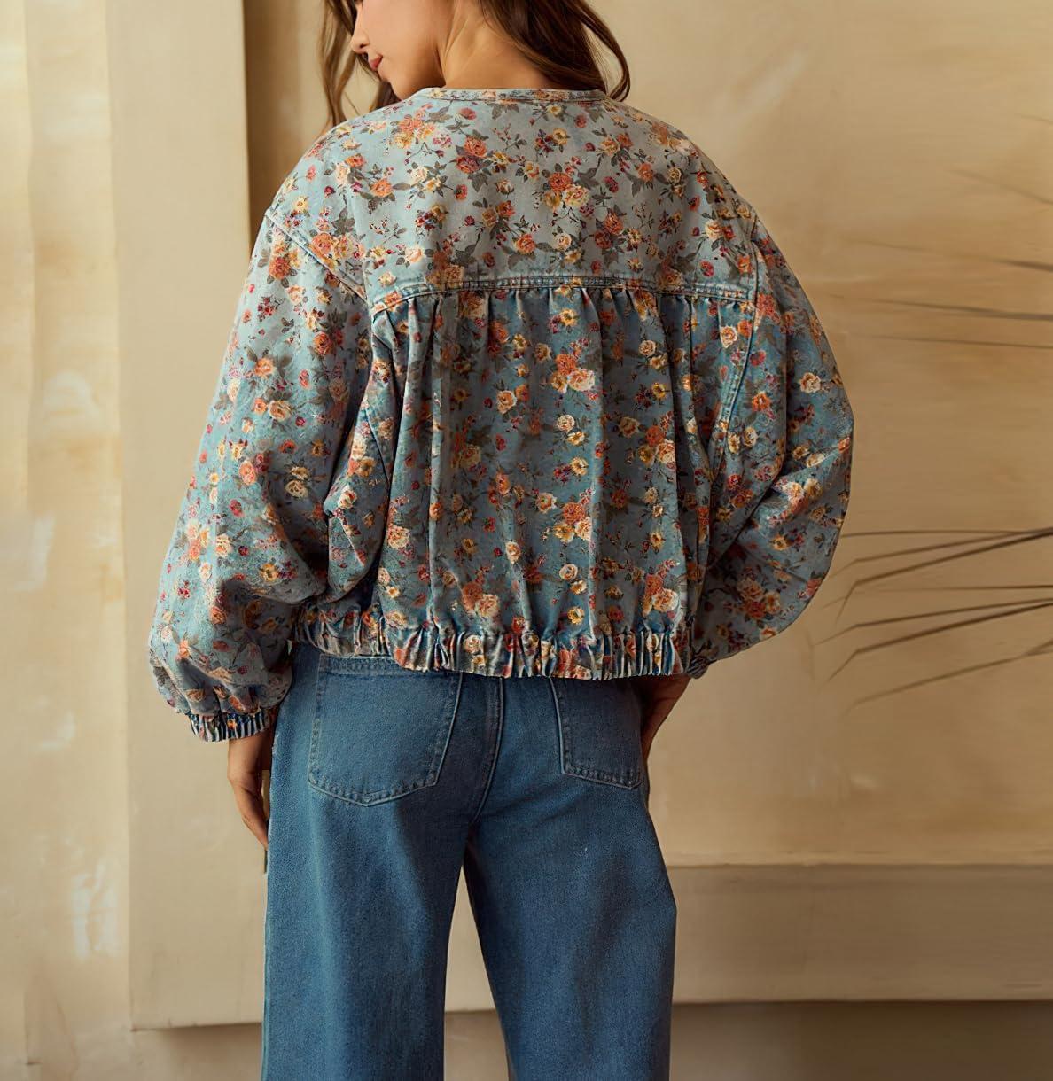 imagechouyatou Womens 2025 Fall Boyfriend Floral Denim Jacket Spring Y2K Casual Oversized Jean Bomber JacketFloral Blue