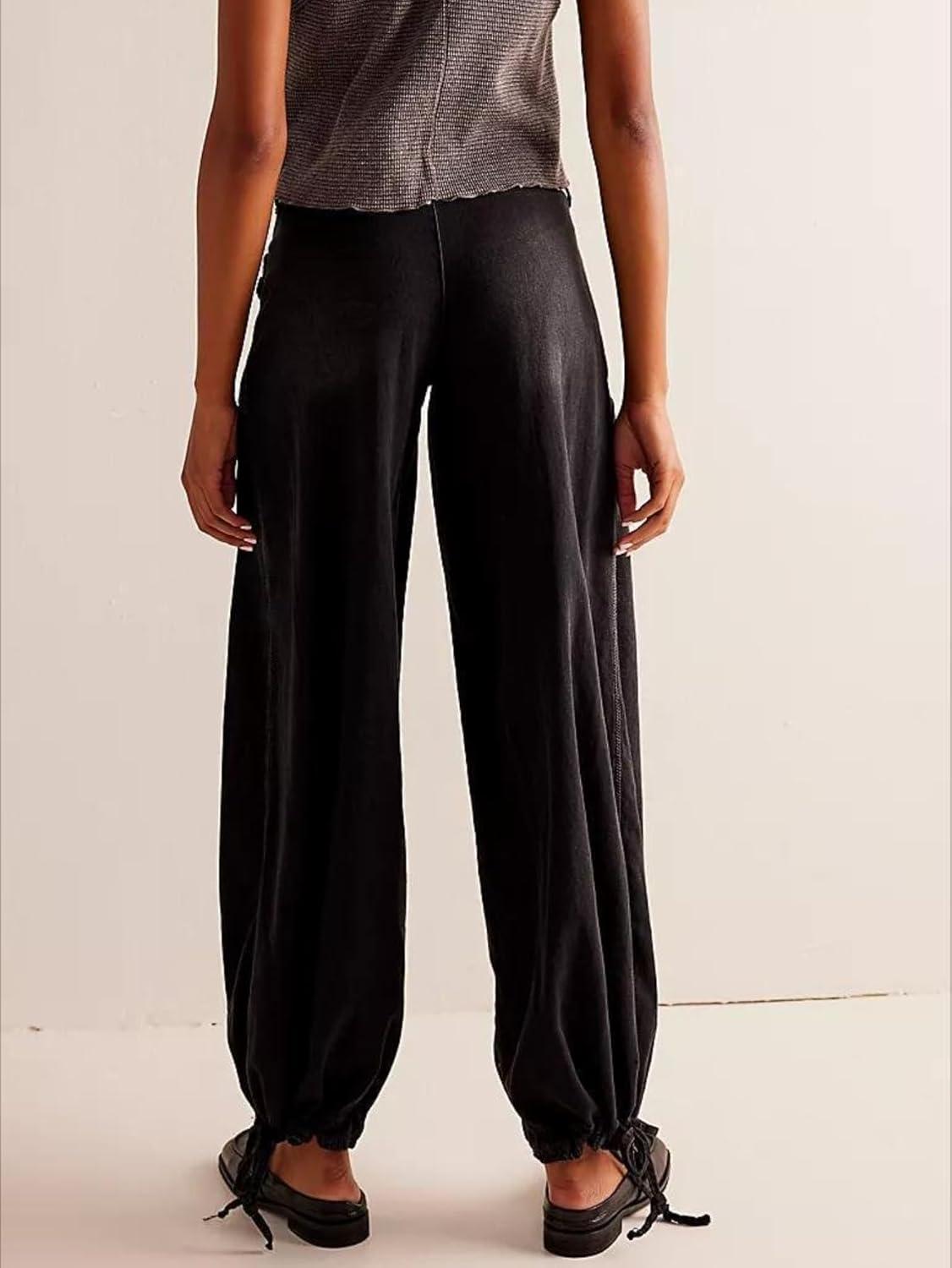 imagechouyatou Womens Boyfriend Baggy Lotus Jeans Y2k Barrel Jeans Drawstring Bottom Wide Leg Pleated Denim PantsBlack