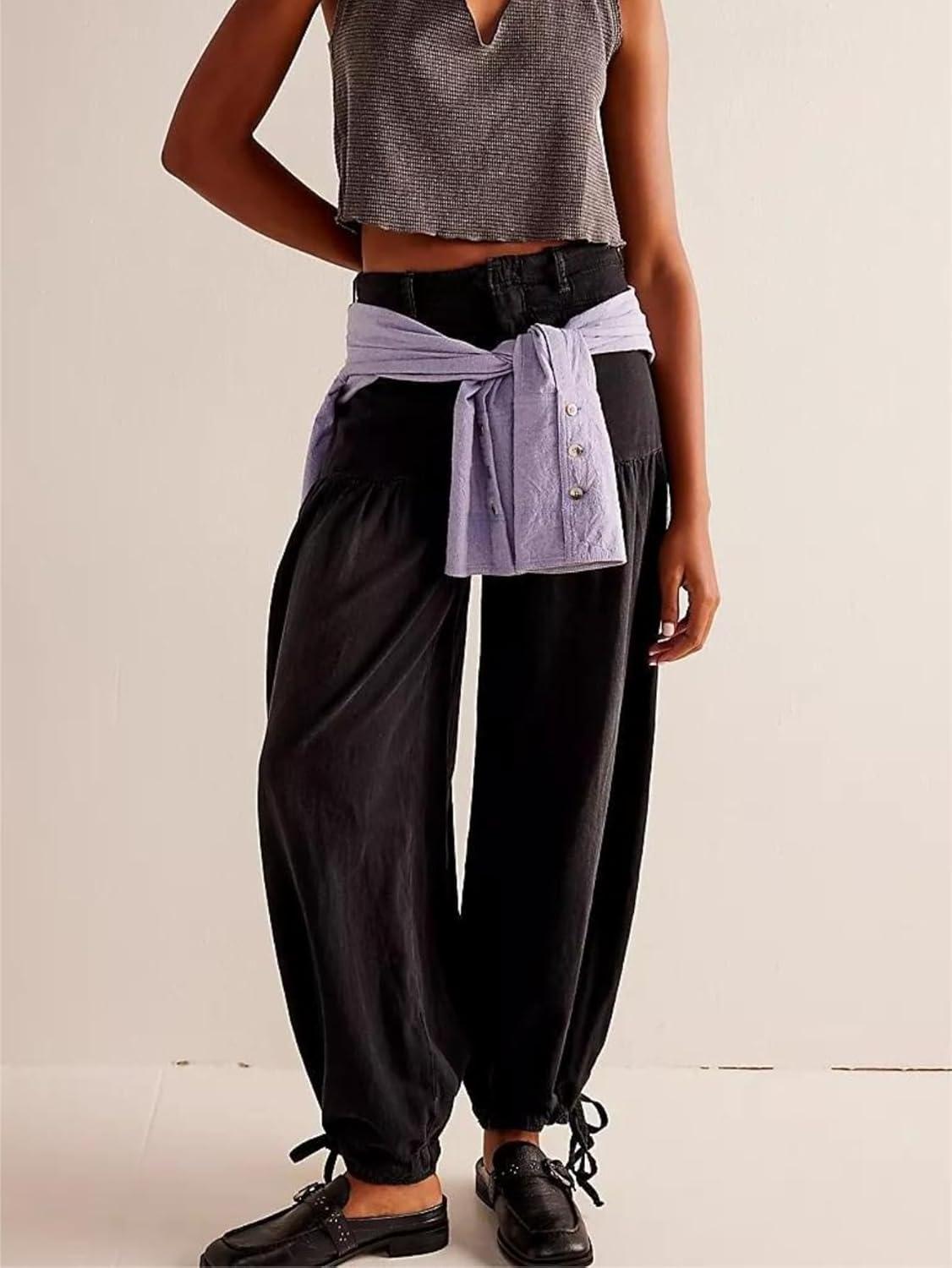 imagechouyatou Womens Boyfriend Baggy Lotus Jeans Y2k Barrel Jeans Drawstring Bottom Wide Leg Pleated Denim PantsBlack