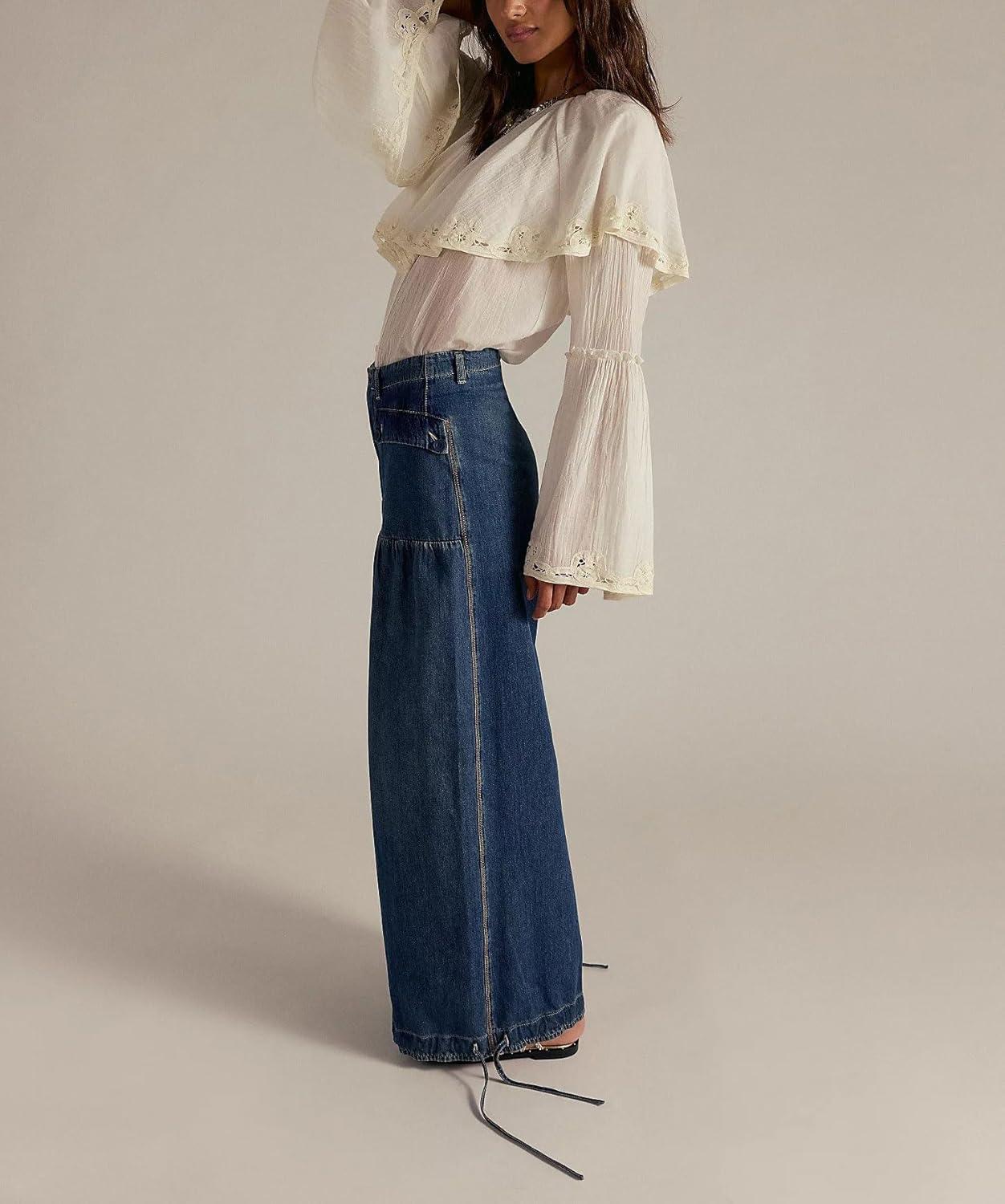 imagechouyatou Womens Boyfriend Baggy Lotus Jeans Y2k Barrel Jeans Drawstring Bottom Wide Leg Pleated Denim PantsDark Blue