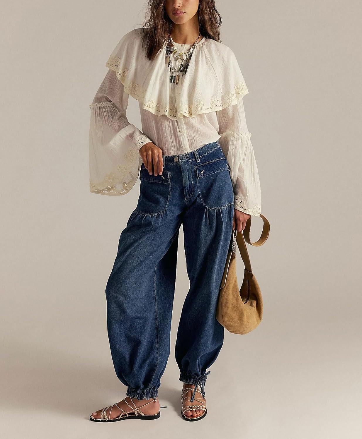 imagechouyatou Womens Boyfriend Baggy Lotus Jeans Y2k Barrel Jeans Drawstring Bottom Wide Leg Pleated Denim PantsDark Blue