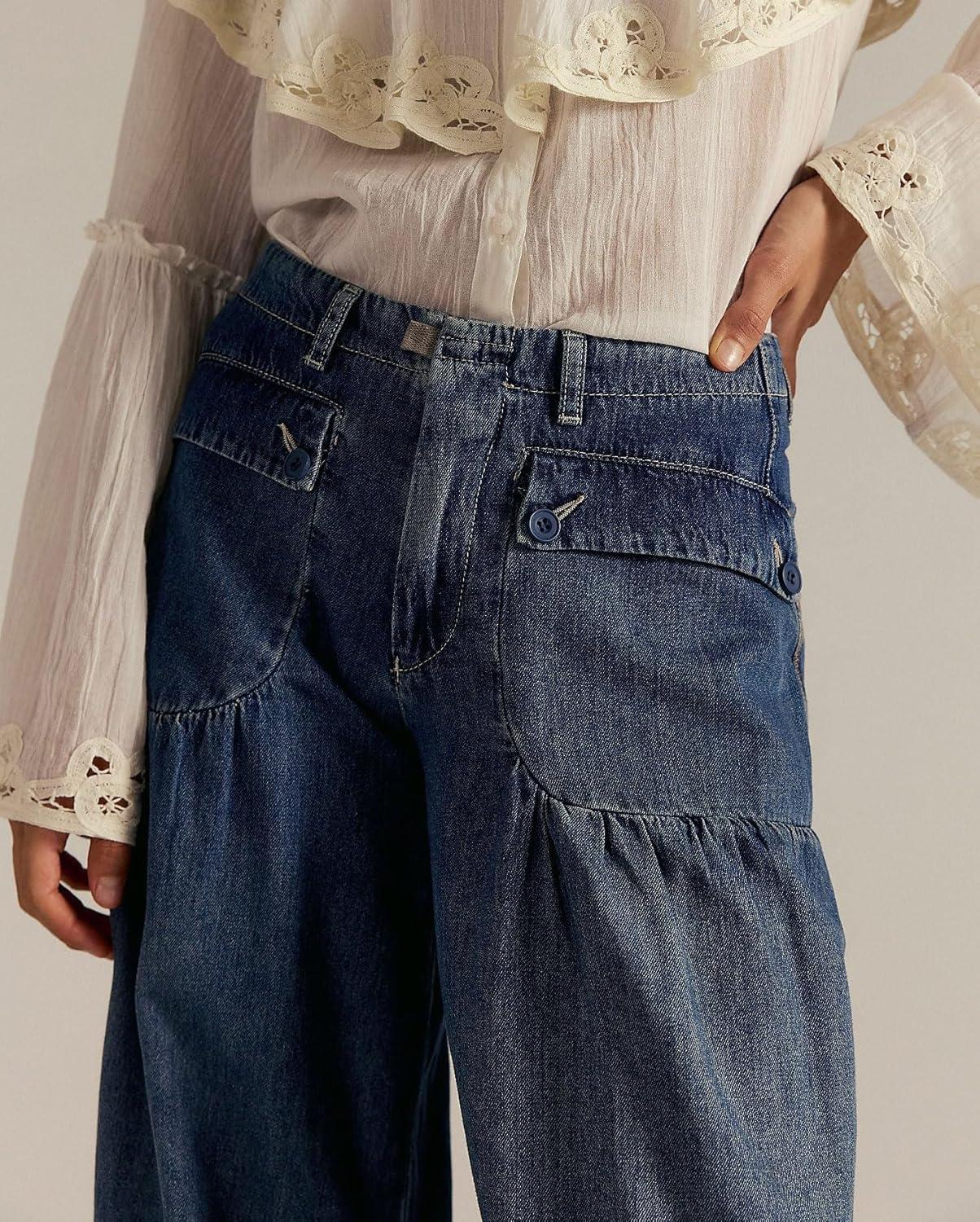 imagechouyatou Womens Boyfriend Baggy Lotus Jeans Y2k Barrel Jeans Drawstring Bottom Wide Leg Pleated Denim PantsDark Blue