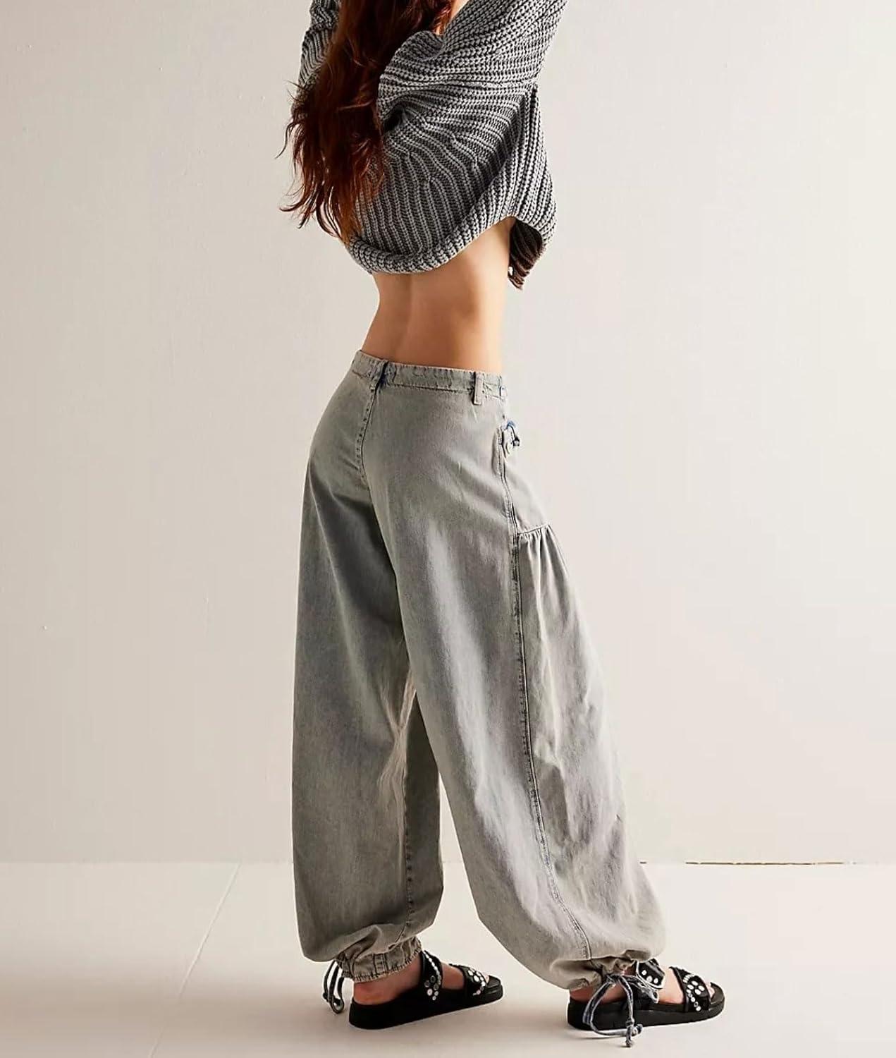 imagechouyatou Womens Boyfriend Baggy Lotus Jeans Y2k Barrel Jeans Drawstring Bottom Wide Leg Pleated Denim PantsGray