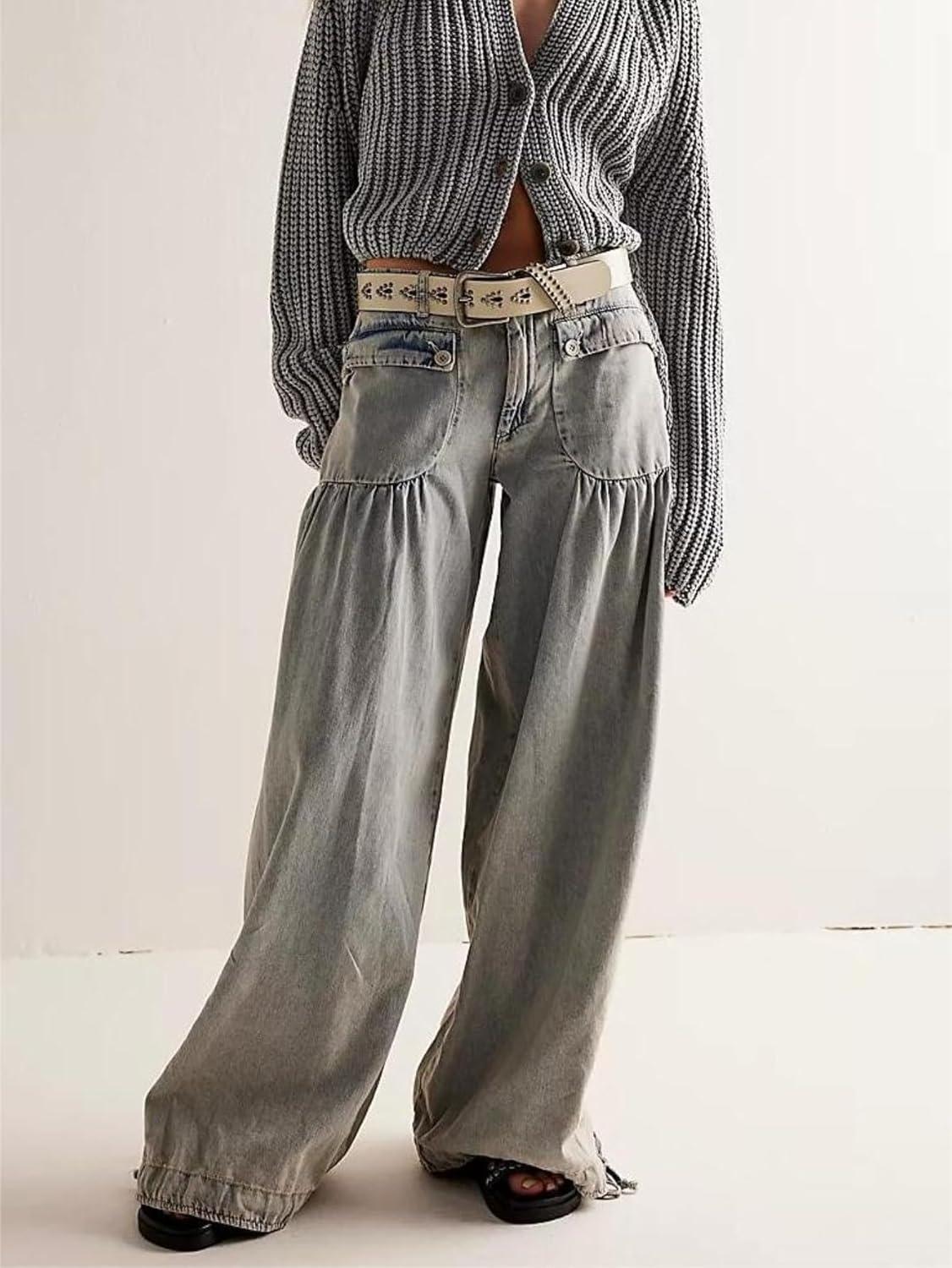 imagechouyatou Womens Boyfriend Baggy Lotus Jeans Y2k Barrel Jeans Drawstring Bottom Wide Leg Pleated Denim PantsGray