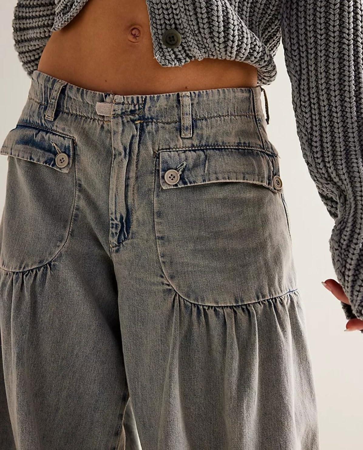imagechouyatou Womens Boyfriend Baggy Lotus Jeans Y2k Barrel Jeans Drawstring Bottom Wide Leg Pleated Denim PantsGray