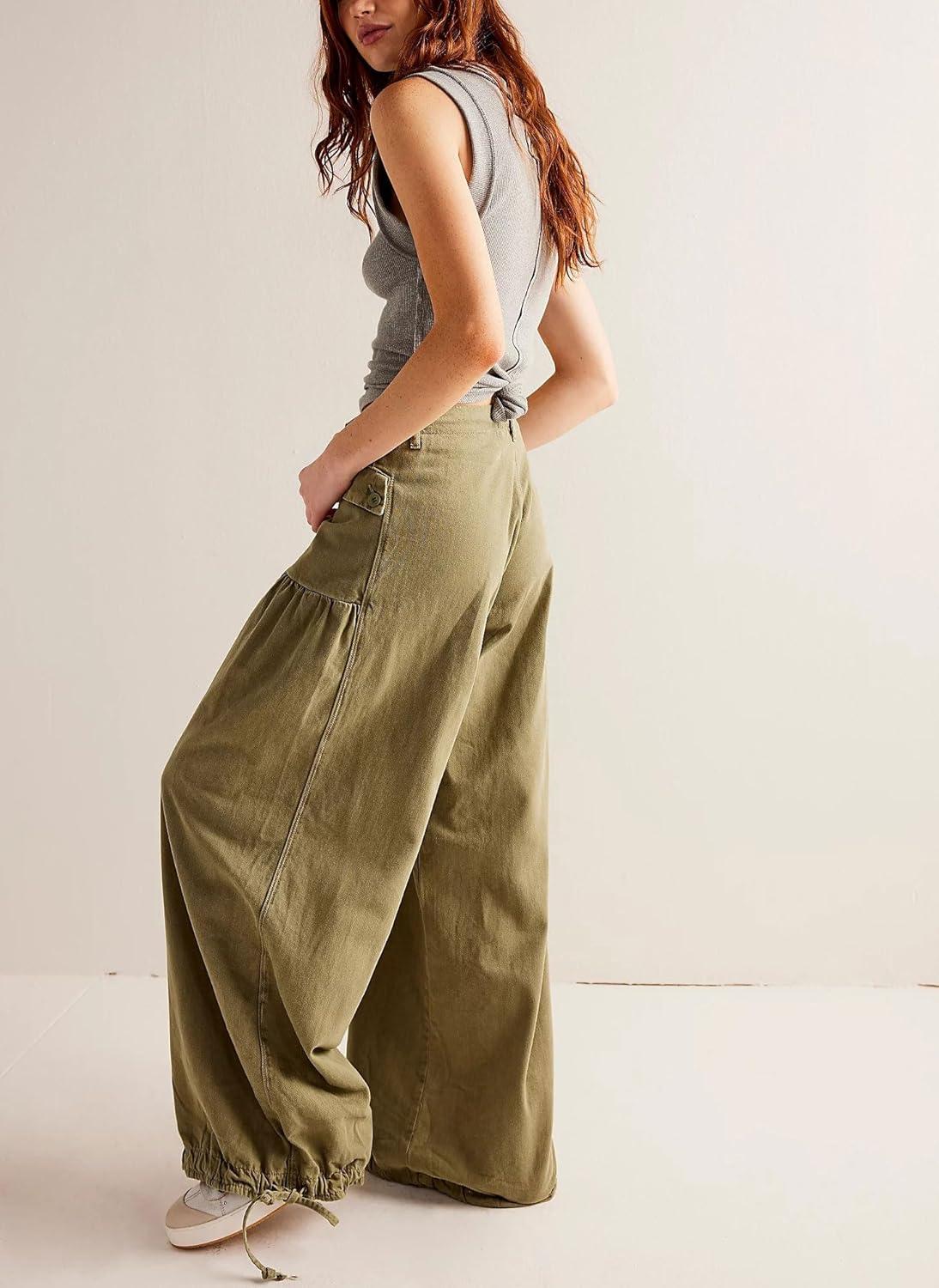 imagechouyatou Womens Boyfriend Baggy Lotus Jeans Y2k Barrel Jeans Drawstring Bottom Wide Leg Pleated Denim PantsGreen