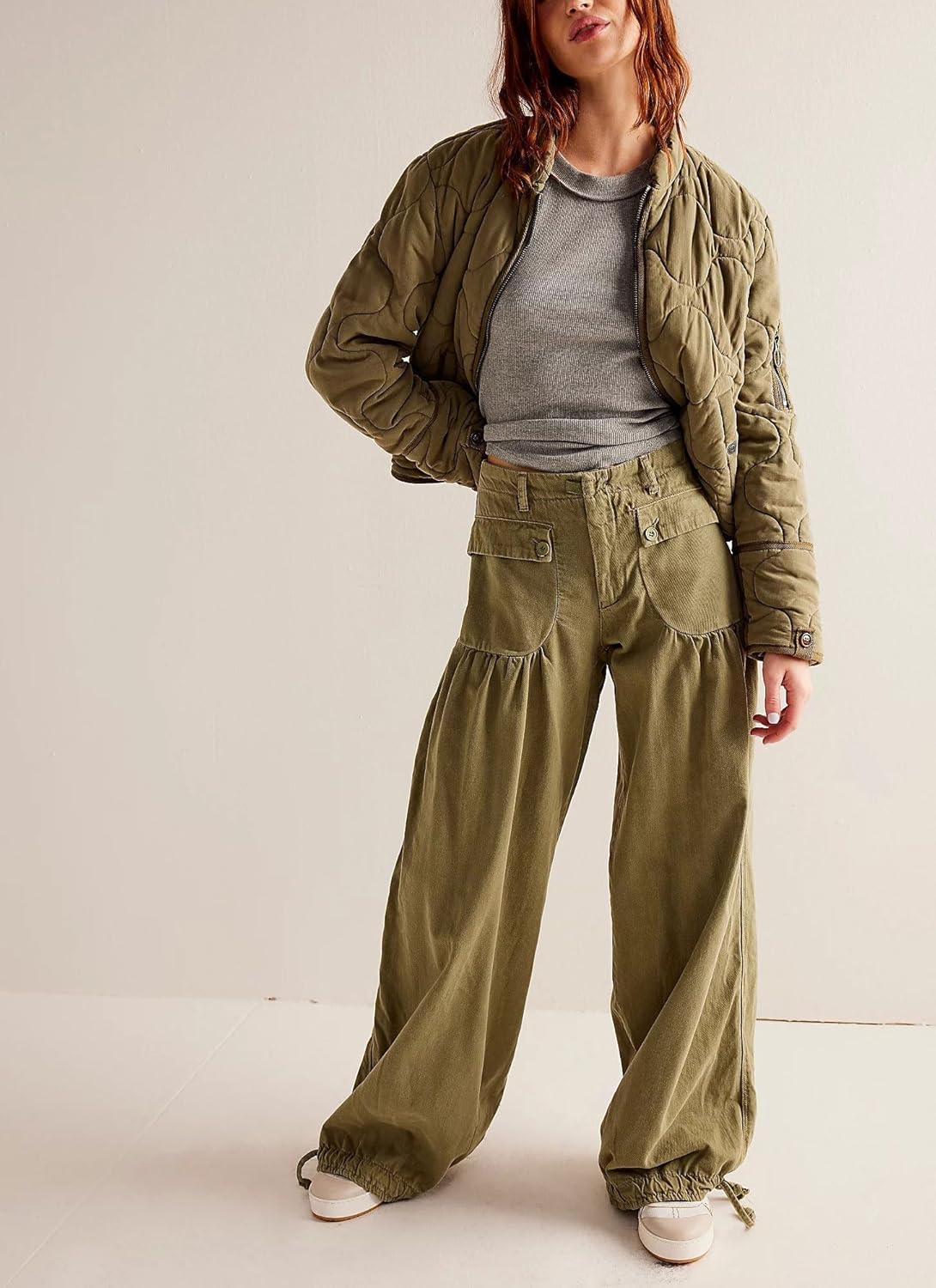 imagechouyatou Womens Boyfriend Baggy Lotus Jeans Y2k Barrel Jeans Drawstring Bottom Wide Leg Pleated Denim PantsGreen