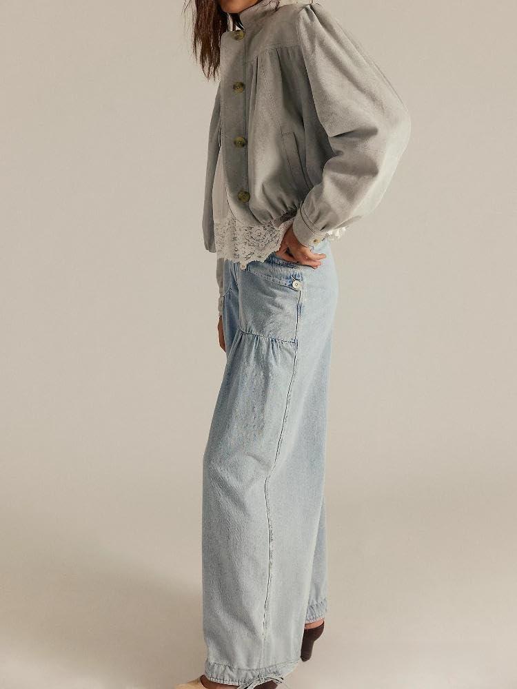 imagechouyatou Womens Boyfriend Baggy Lotus Jeans Y2k Barrel Jeans Drawstring Bottom Wide Leg Pleated Denim PantsLight Blue