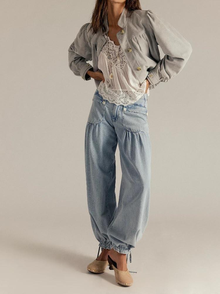 imagechouyatou Womens Boyfriend Baggy Lotus Jeans Y2k Barrel Jeans Drawstring Bottom Wide Leg Pleated Denim PantsLight Blue