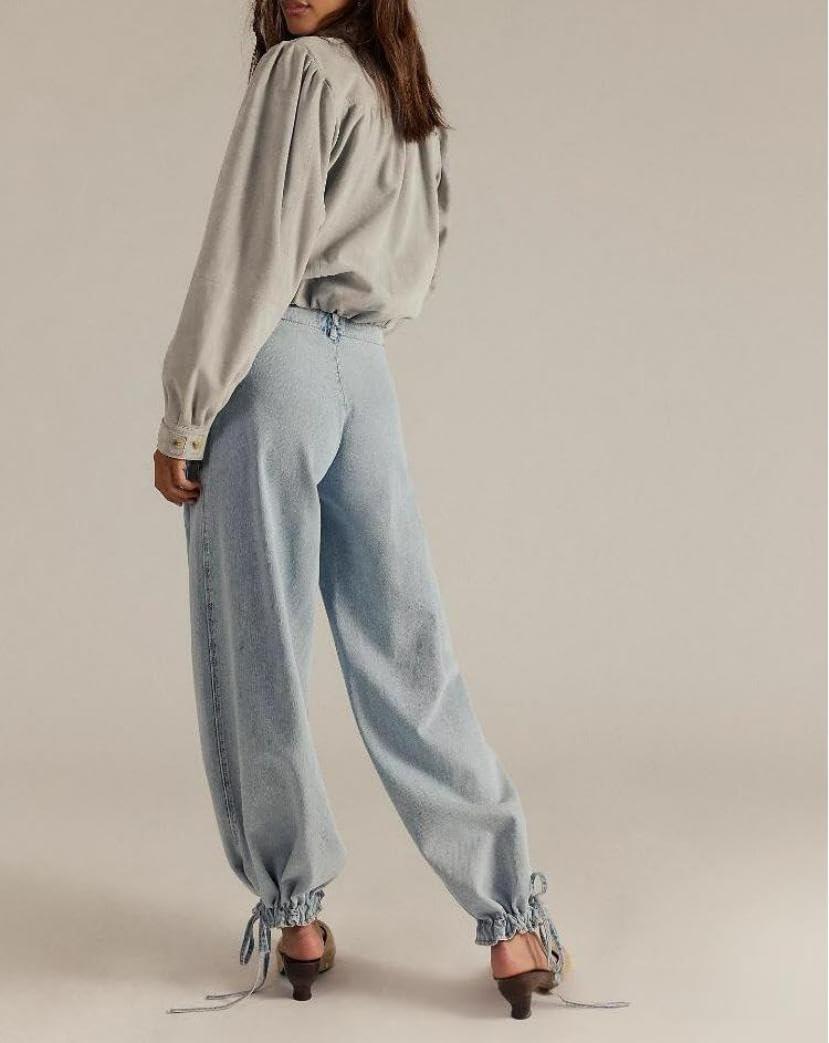 imagechouyatou Womens Boyfriend Baggy Lotus Jeans Y2k Barrel Jeans Drawstring Bottom Wide Leg Pleated Denim PantsLight Blue