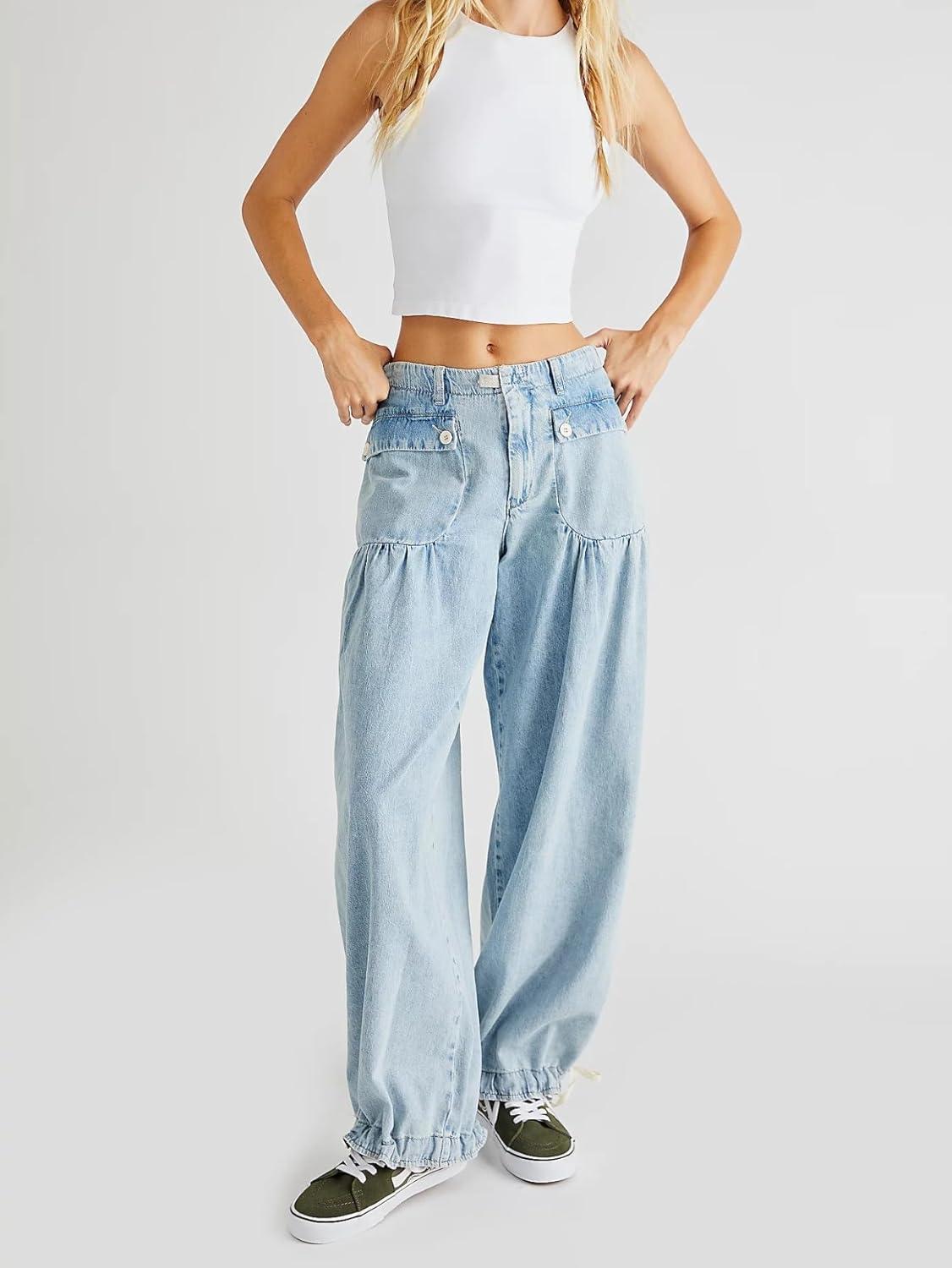 imagechouyatou Womens Boyfriend Baggy Lotus Jeans Y2k Barrel Jeans Drawstring Bottom Wide Leg Pleated Denim PantsLight Blue
