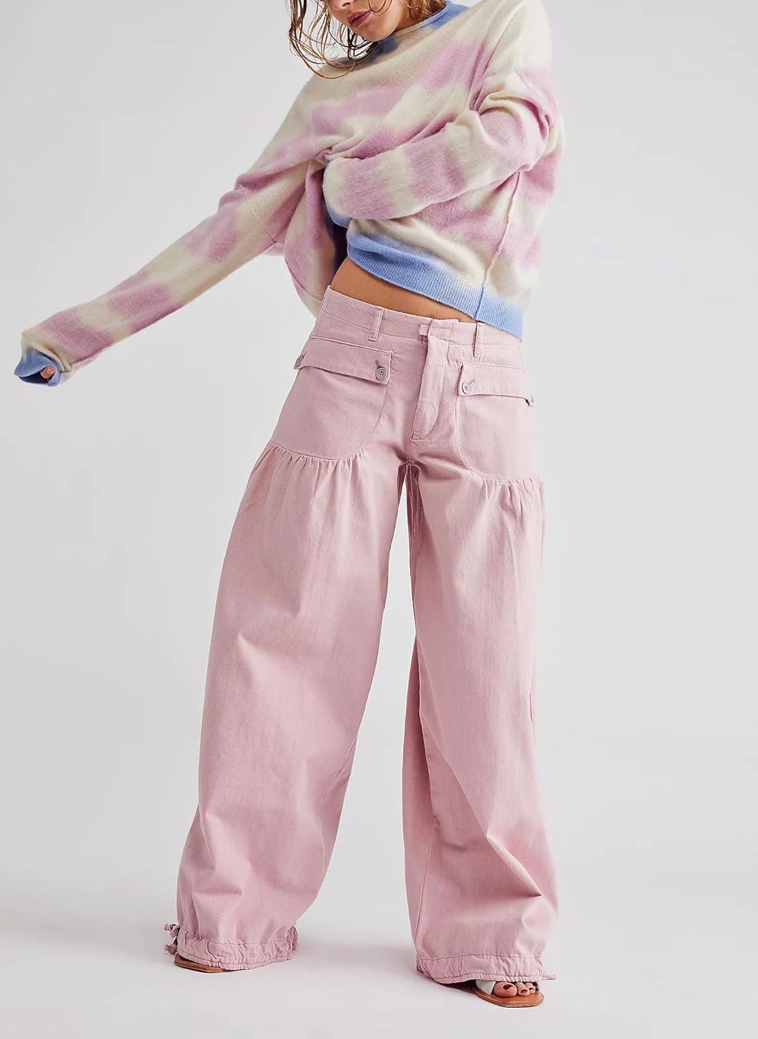 imagechouyatou Womens Boyfriend Baggy Lotus Jeans Y2k Barrel Jeans Drawstring Bottom Wide Leg Pleated Denim PantsPink