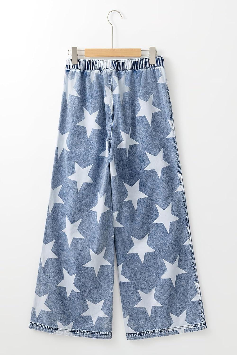 imagechouyatou Womens Wide Leg Star Printed Jeans Barrel Elastic High Waisted Drawstring Flare Denim PantsDark Blue