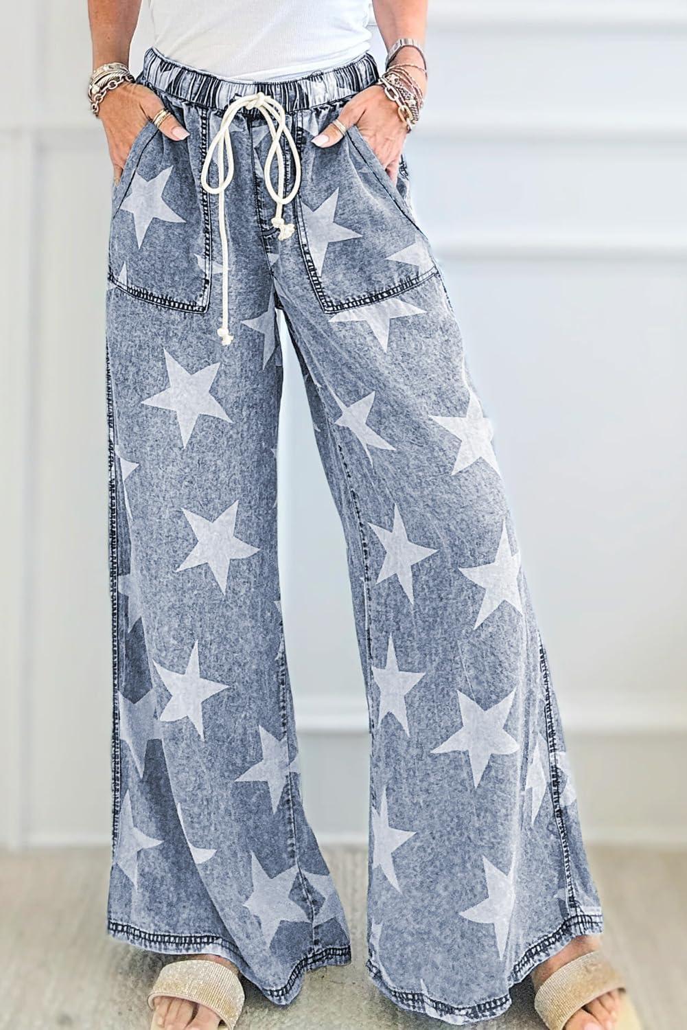 imagechouyatou Womens Wide Leg Star Printed Jeans Barrel Elastic High Waisted Drawstring Flare Denim PantsDark Blue