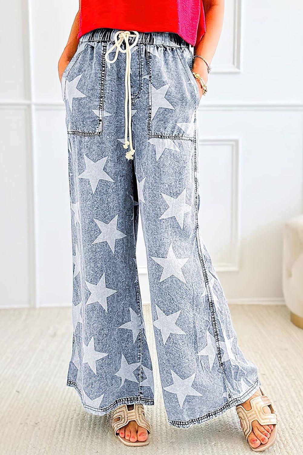 imagechouyatou Womens Wide Leg Star Printed Jeans Barrel Elastic High Waisted Drawstring Flare Denim PantsDark Blue
