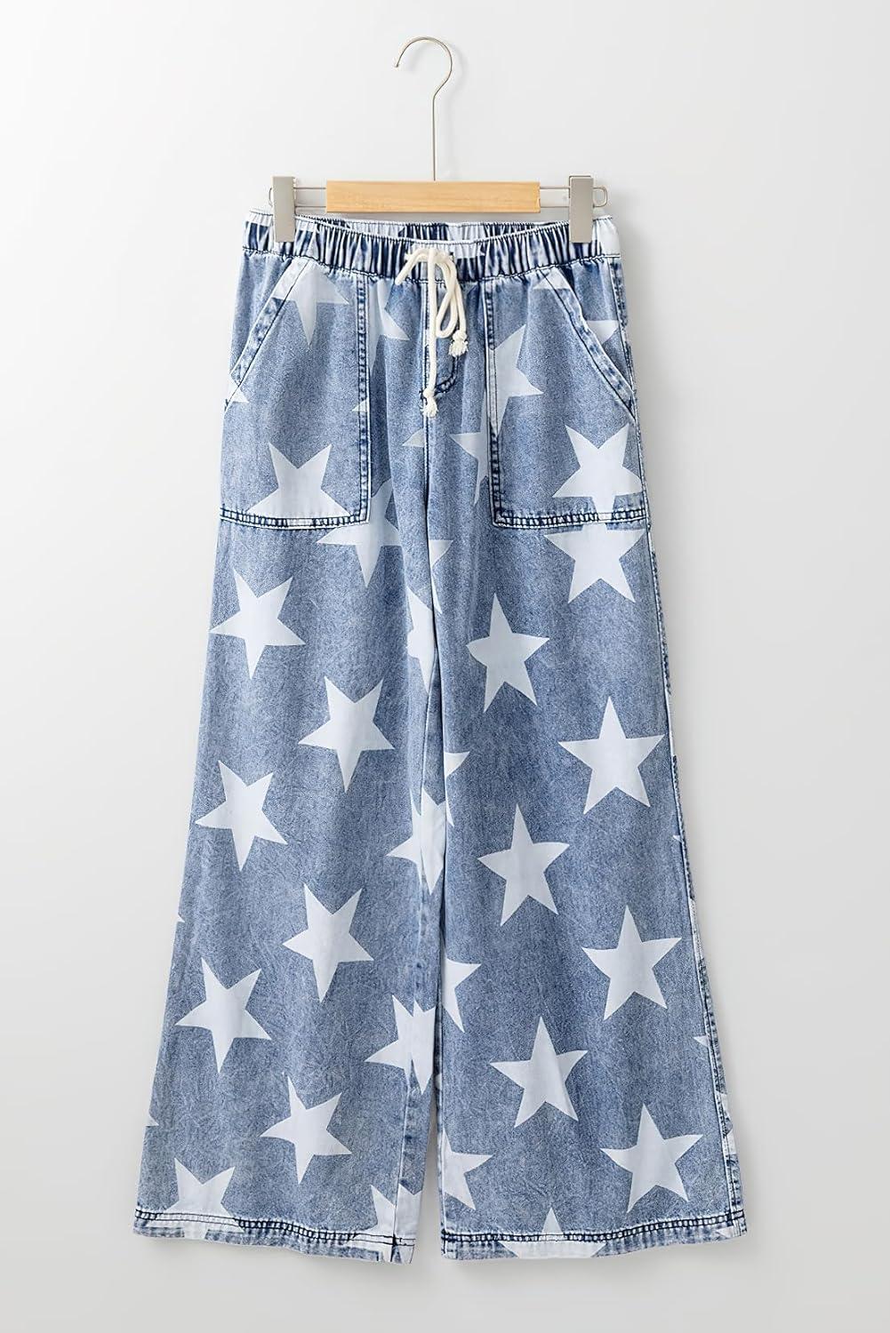 imagechouyatou Womens Wide Leg Star Printed Jeans Barrel Elastic High Waisted Drawstring Flare Denim PantsDark Blue
