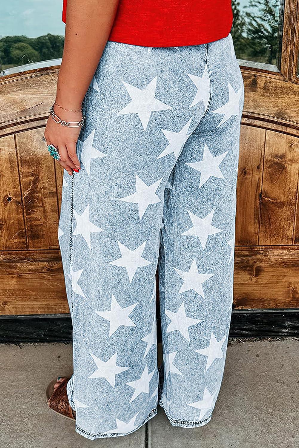 imagechouyatou Womens Wide Leg Star Printed Jeans Barrel Elastic High Waisted Drawstring Flare Denim PantsLight Blue