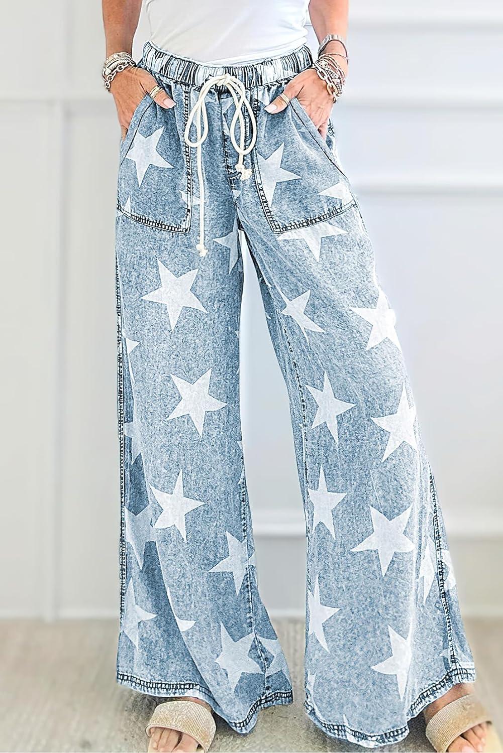 imagechouyatou Womens Wide Leg Star Printed Jeans Barrel Elastic High Waisted Drawstring Flare Denim PantsLight Blue
