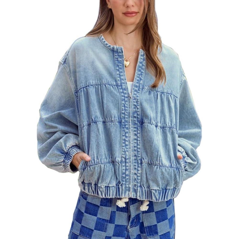 imagechouyatou Womens 2025 Fall Boyfriend Floral Denim Jacket Spring Y2K Casual Oversized Jean Bomber JacketBlue