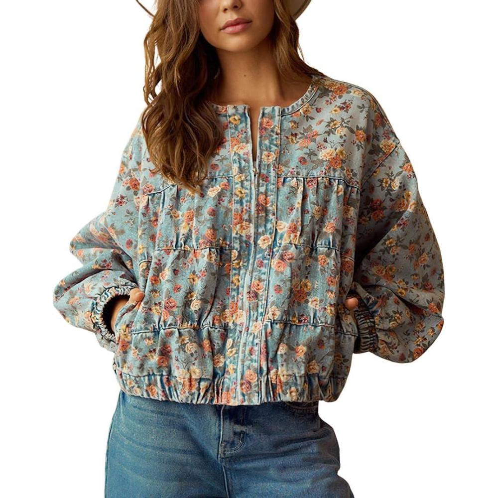 imagechouyatou Womens 2025 Fall Boyfriend Floral Denim Jacket Spring Y2K Casual Oversized Jean Bomber JacketFloral Blue