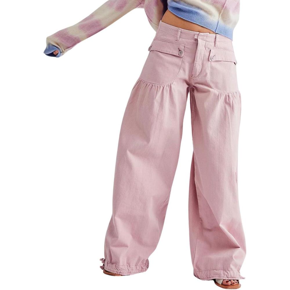 imagechouyatou Womens Boyfriend Baggy Lotus Jeans Y2k Barrel Jeans Drawstring Bottom Wide Leg Pleated Denim PantsPink