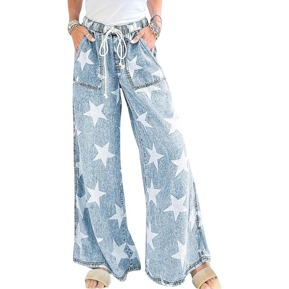 imagechouyatou Womens Wide Leg Star Printed Jeans Barrel Elastic High Waisted Drawstring Flare Denim PantsLight Blue