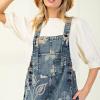 imagechouyatou Women 2025 Baggy Floral Denim Bib Overalls Jeans Casual Distressed Wide Leg Overall JumptuisBlue
