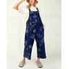 imagechouyatou Women 2025 Baggy Floral Denim Bib Overalls Jeans Casual Distressed Wide Leg Overall JumptuisDark Blue