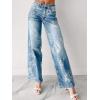 imagechouyatou Women Distressed Y2K Floral Print Jeans Casual Straight Leg High Waisted Trousers Denim PantsBlue