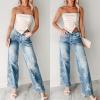 imagechouyatou Women Distressed Y2K Floral Print Jeans Casual Straight Leg High Waisted Trousers Denim PantsBlue