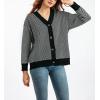 imagechouyatou Womens 2025 Button Down V Neck Cardigans Herringbone Striped Sweater Cardigan Jacket Outerwear CoatBlack