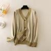 imagechouyatou Womens 2025 Button Down V Neck Cardigans Herringbone Striped Sweater Cardigan Jacket Outerwear CoatKhaki