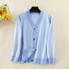 imagechouyatou Womens 2025 Button Down V Neck Cardigans Herringbone Striped Sweater Cardigan Jacket Outerwear CoatLight Blue