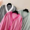 imagechouyatou Womens 2025 Button Down V Neck Cardigans Herringbone Striped Sweater Cardigan Jacket Outerwear CoatRose Red