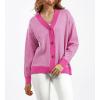 imagechouyatou Womens 2025 Button Down V Neck Cardigans Herringbone Striped Sweater Cardigan Jacket Outerwear CoatRose Red