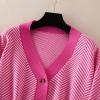 imagechouyatou Womens 2025 Button Down V Neck Cardigans Herringbone Striped Sweater Cardigan Jacket Outerwear CoatRose Red