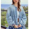 imagechouyatou Womens 2025 Fall Boyfriend Floral Denim Jacket Spring Y2K Casual Oversized Jean Bomber JacketBlue