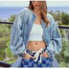 imagechouyatou Womens 2025 Fall Boyfriend Floral Denim Jacket Spring Y2K Casual Oversized Jean Bomber JacketBlue