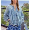 imagechouyatou Womens 2025 Fall Boyfriend Floral Denim Jacket Spring Y2K Casual Oversized Jean Bomber JacketBlue