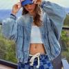 imagechouyatou Womens 2025 Fall Boyfriend Floral Denim Jacket Spring Y2K Casual Oversized Jean Bomber JacketBlue
