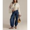 imagechouyatou Womens Boyfriend Baggy Lotus Jeans Y2k Barrel Jeans Drawstring Bottom Wide Leg Pleated Denim PantsDark Blue