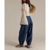 imagechouyatou Womens Boyfriend Baggy Lotus Jeans Y2k Barrel Jeans Drawstring Bottom Wide Leg Pleated Denim PantsDark Blue